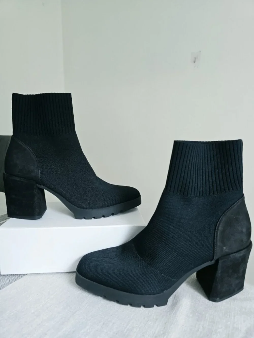Eileen Fisher Spell Black Stretch Knit Bootie Ankle Boots 10 Shoes Block Heel